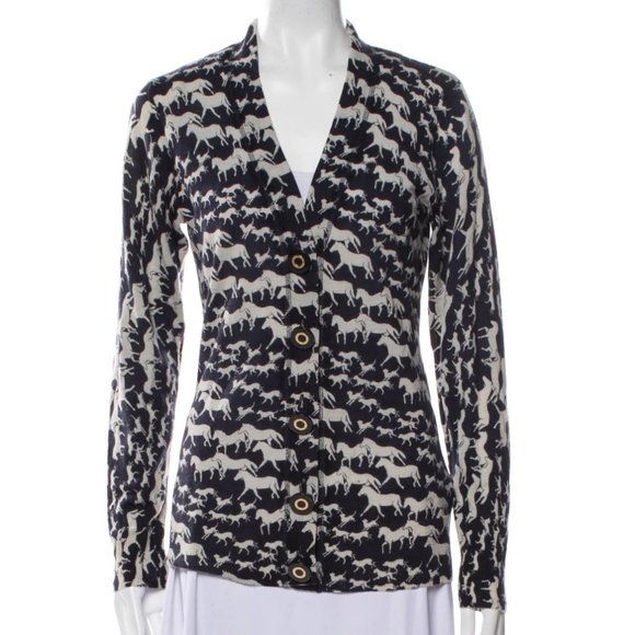 TORY BURCH navy blue and white horse print long sleeve wool Simone cardigan - Picture 1 of 8